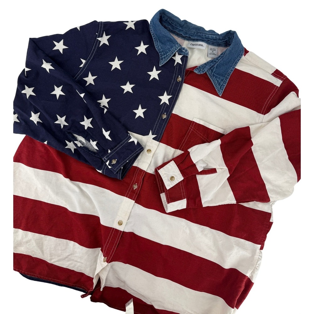 Capistrano Vintage American Flag Button Down Shirt Red White Blue  Patriot USA